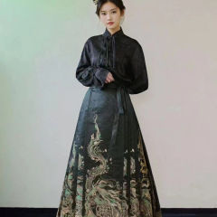 新中国式の国風の馬のスカートのスーツは金の化粧の花の馬のスカートの小さい青龍明製を編んで日常の通勤する漢服を改良します。