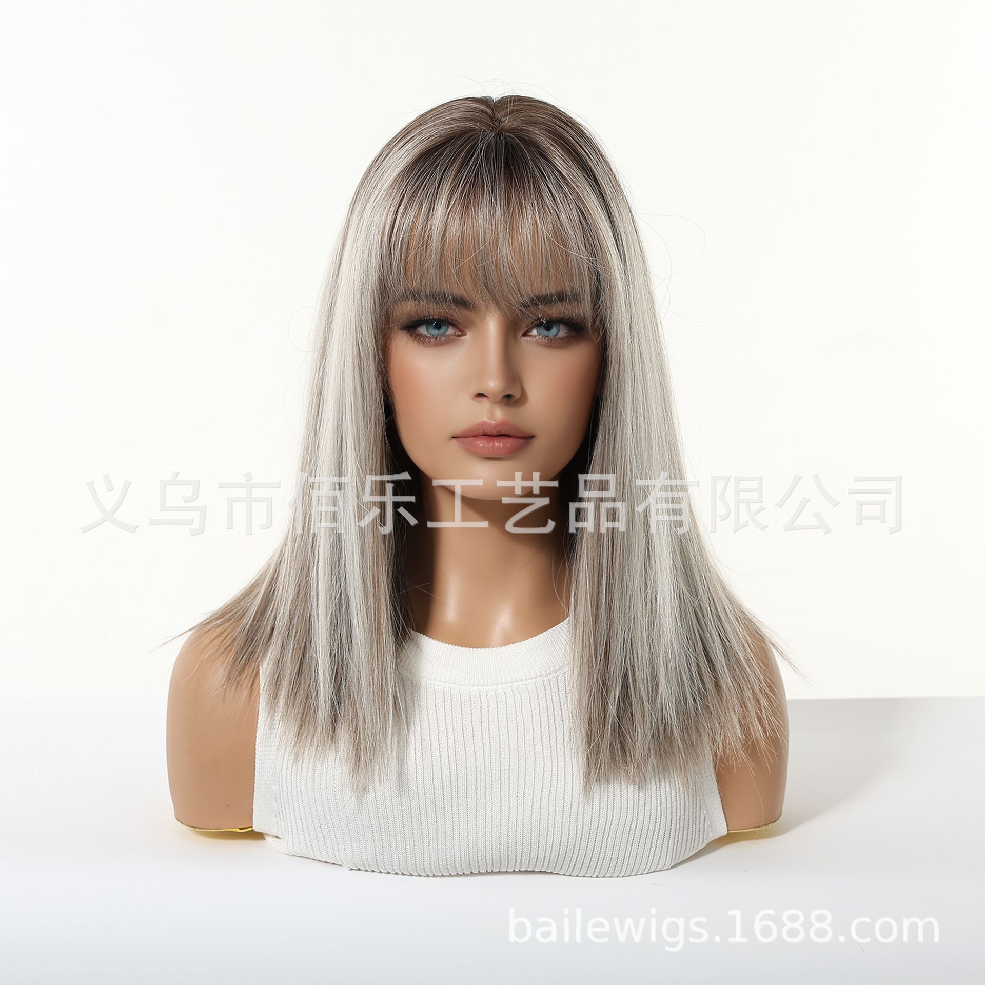 gris plateado hombro cabello recto pelucas con aire franja natural esponjosa cubierta de cabello de 14 pulgadas pelucas image 3