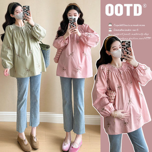 2025 Spring Maternity Dress Fashion Embroidered Sweet Age-reducing Doll Shirt New Korean Style Loose Simple Pregnant Women Top
