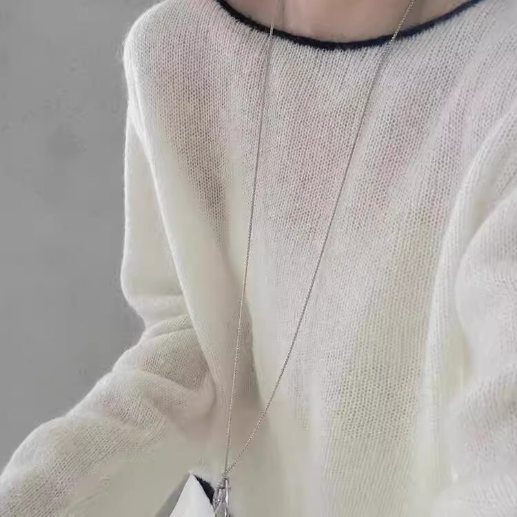 French Style Gentle and Chic White Off-Collar Sweater Women's Contrast Soft Waxy Mauhair Pullover Sweater Round Neck Loose