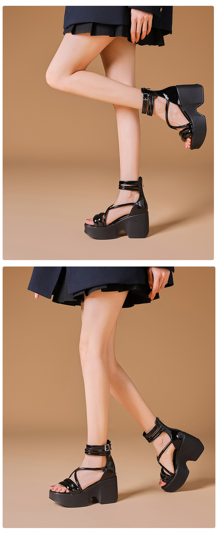 Sandal cao gót La Mã hở mũi đế platform dây kéo sau gót 10 cm — Màu đen, Màu hồng, Màu trắng be chi tiết 12