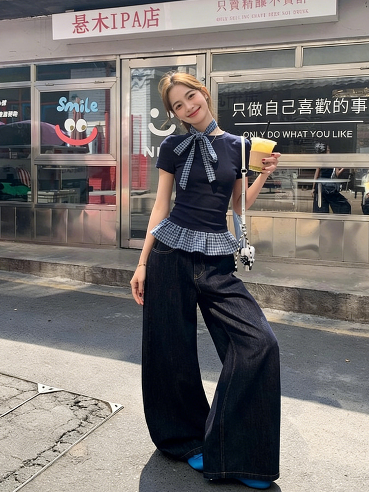 Women's Vintage Plaid Patchwork False Two-Piece Short Sleeve Tee - Slim Fit Retro Style Summer Top_ecoleips.com