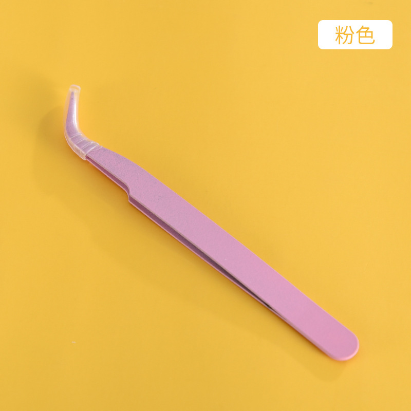 Pinzas para pestañas de acero inoxidable, punta curva, rosa