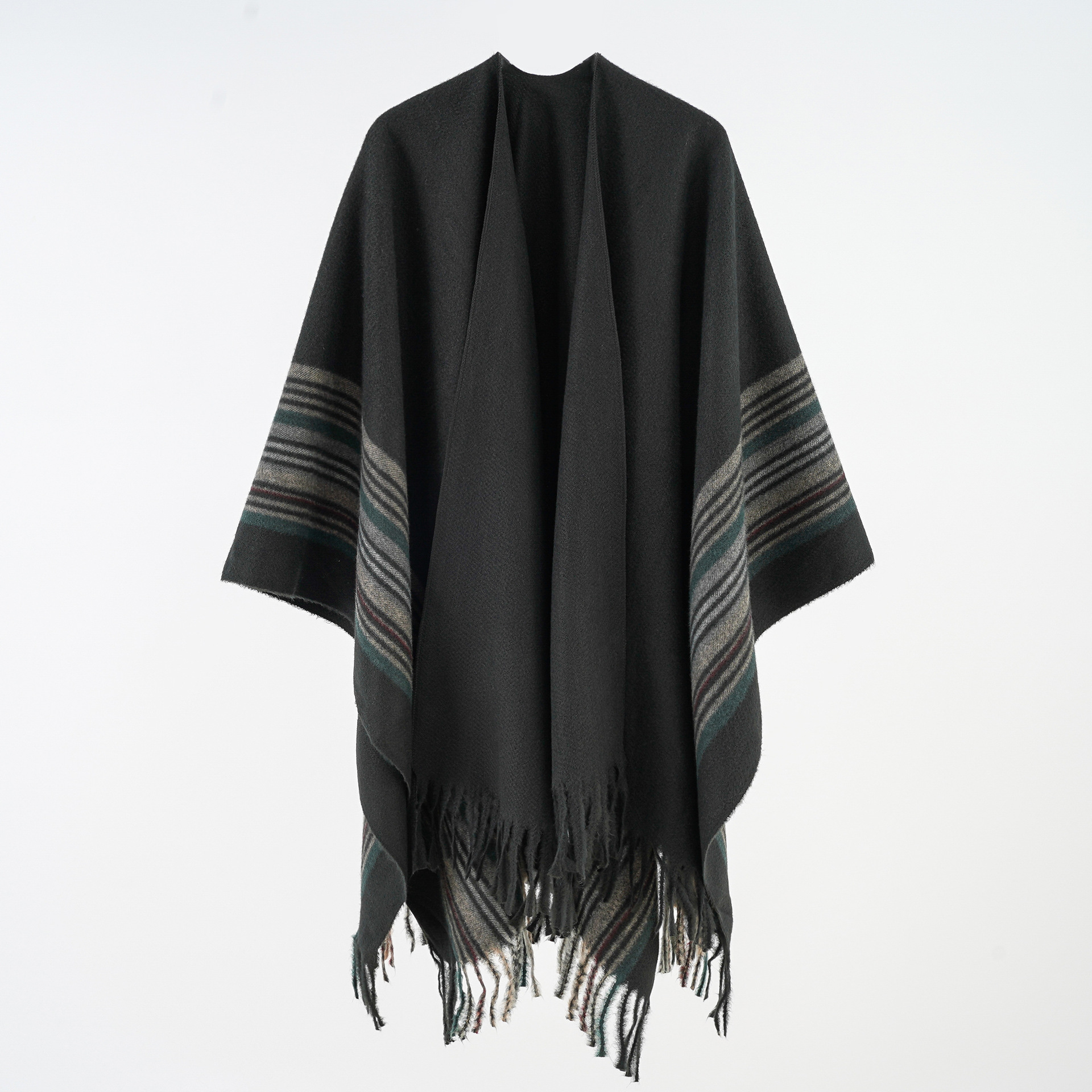 2024 nuevo estilo europeo y americano simple moda bifurcada capa de rayas verticales bordas cálidas