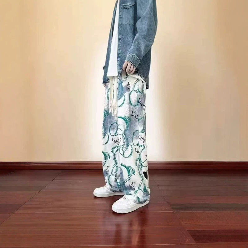 American High Street Style Unisex Casual Pants for Men, Summer Ins Loose Fit Printed Trendy Versatile Straight-Leg Casual Pants for Men