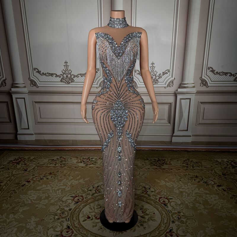 Silver High-Neck Sleeveless Rhinestone Sexy Bodycon Long Dress for Banquet, Evening Party, Hostess, Socialite, Birthday Party, Evening Gown