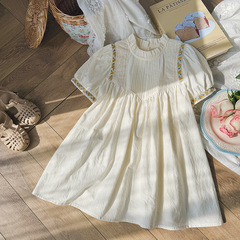 2024 Summer New Children's French Pleated Girl Dress Stand Collar Lace Embroidered Elegant Children's Skirt Trendy