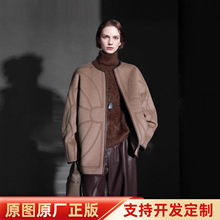 雾都链影图腾设计皮边圆领兔毛大衣女双面羊驼毛呢外套冬季新款