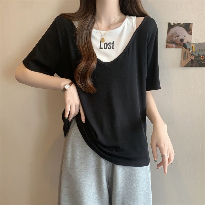 Tallas grandes para mujer que cubre el vientre impreso hombro manga corta camiseta hueca hermana gorda de las mujeres que adelgaza suelta falso top de dos piezas image 6