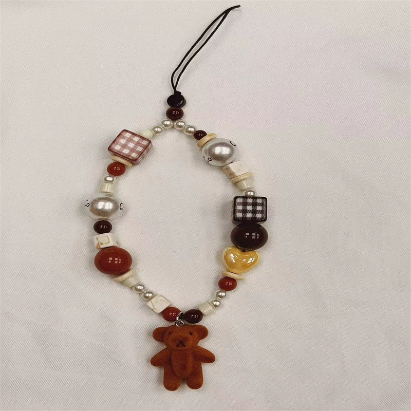 Phone Charm Strap with Velvet Bear Pendant, Beaded Lace Camera & Mobile Chain, Colorful