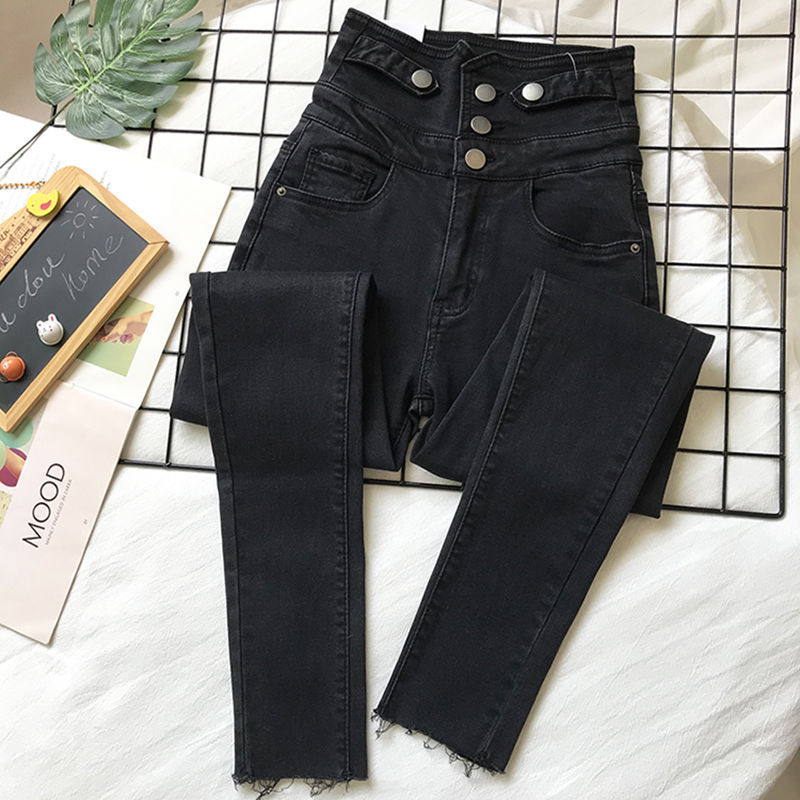包邮黑色超高腰牛仔裤女2021年秋冬加绒紧身显瘦个性腰部小脚铅笔