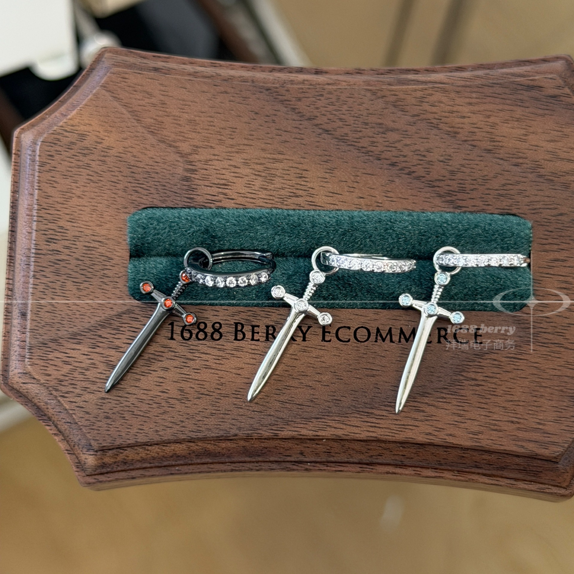 Dark, trendy, cool, unique dagger and sword couple style, full-diamond studded earrings, niche design with a Y2K vibe