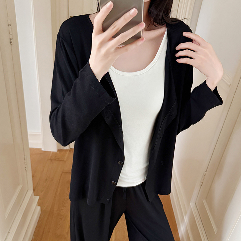 春秋季背心带胸垫人棉睡衣女可外穿长袖长裤三件套女生家居服套装|undefined