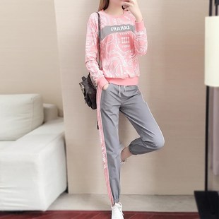 Plus Size Long-Sleeved Sports Suit for Women 2022 Spring & Fall Fashion Korean Style Casual Loose Slim Sweatshirt Printed Two-Piece Set