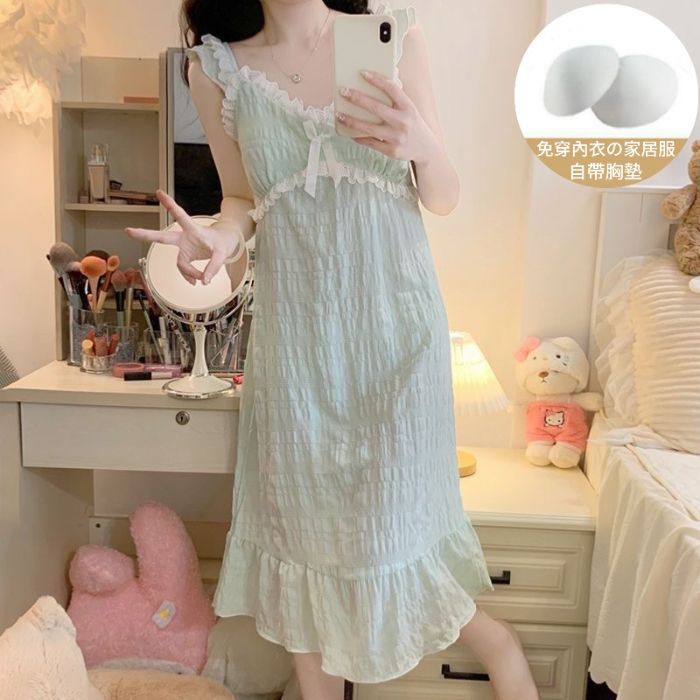 Camisón con almohadilla para el pecho falda de tirantes para mujer de verano nube algodón fino encaje dulce pijama de longitud media color sólido transfronterizo