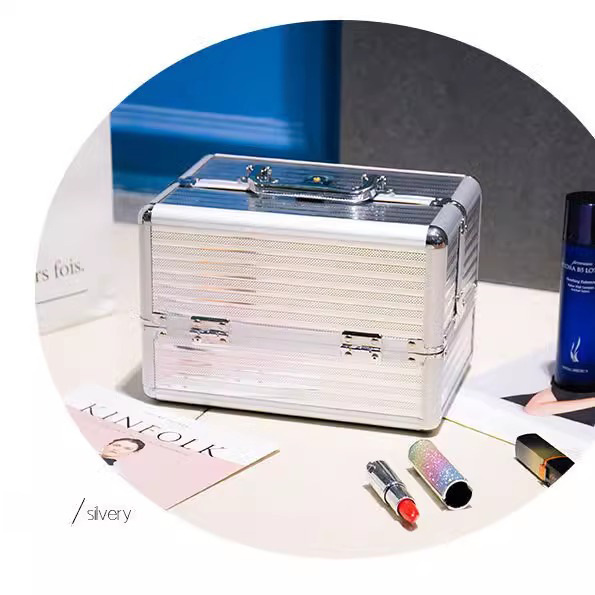 Almacenamiento de aleación de aluminio de doble apertura caja de maquillaje portátil caja de herramientas de maquillaje bordado caja de manicuras de aluminio