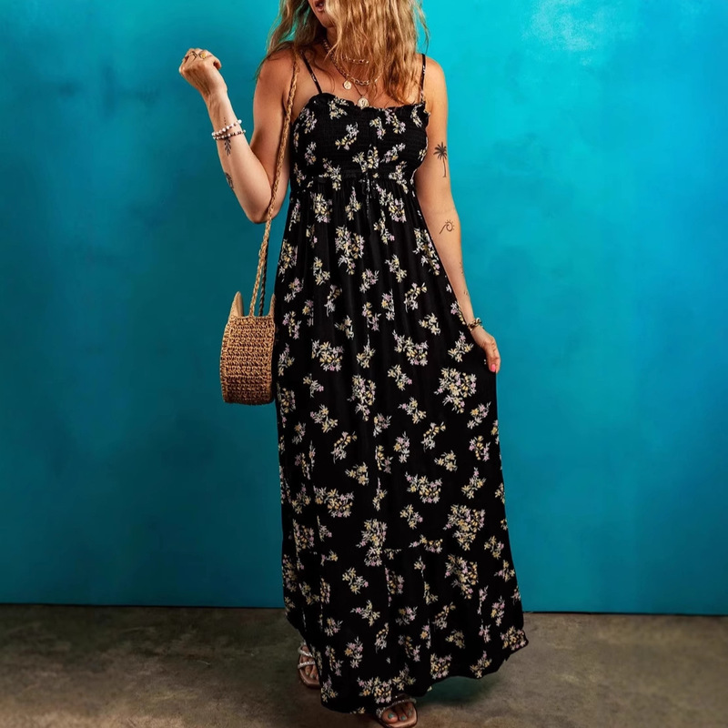 European and American Amazon Cross-Border Floral French Elegant Black Floral Spaghetti Strap Pleated Tight Empire High-Waisted Long Dress
