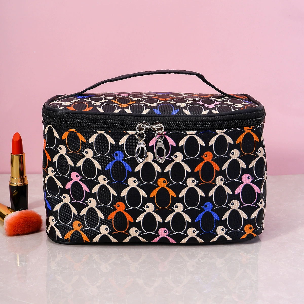 Cosmetic Bag, Large Handheld Organizer, Diamond-Quilted Makeup Case, Foldable Handle