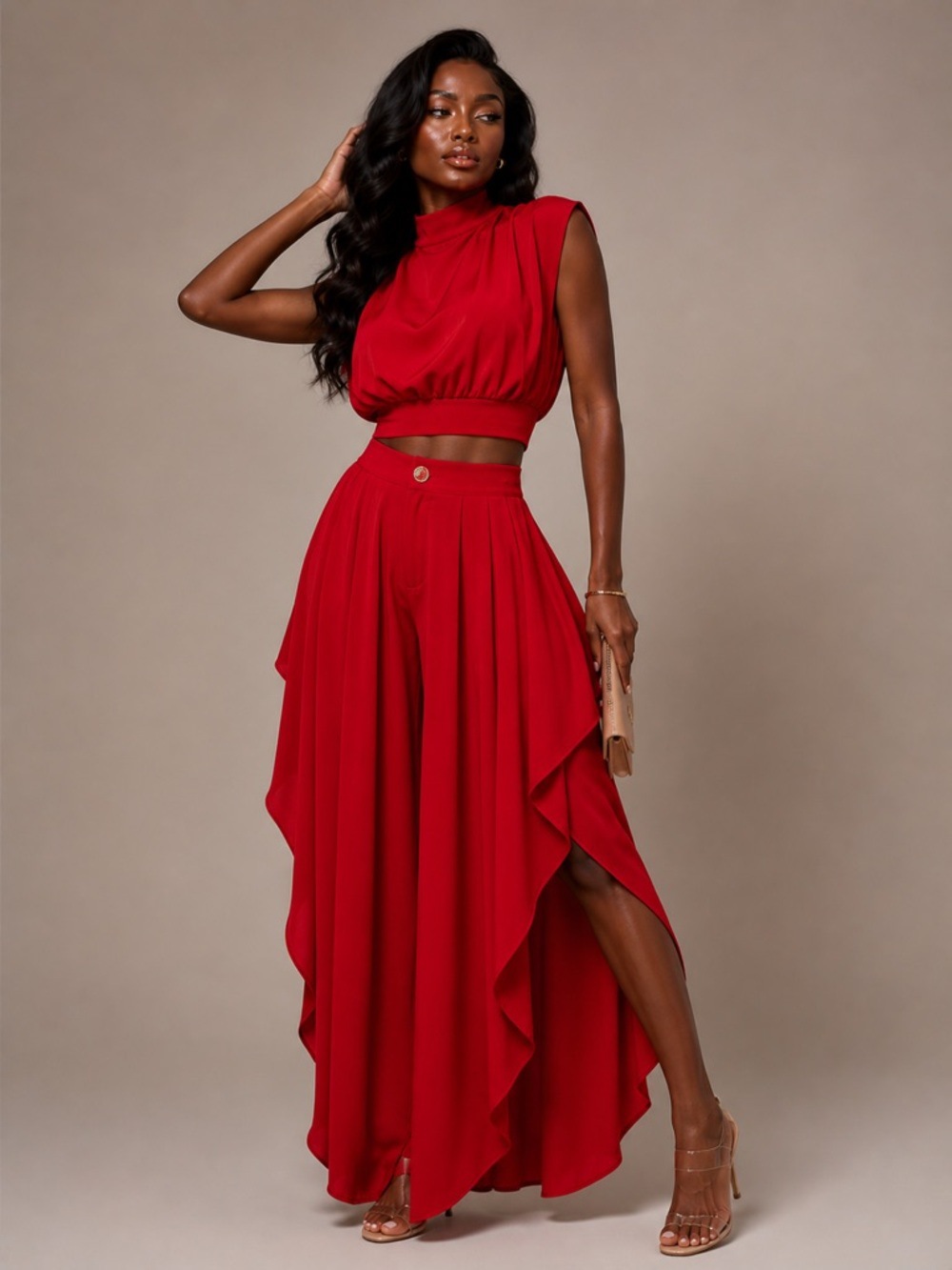 French Style Women's Niche Sleeveless Two Piece Set High Neck Cropped Top Irregular Ruffles Wide Leg Pants_ecoleips.com