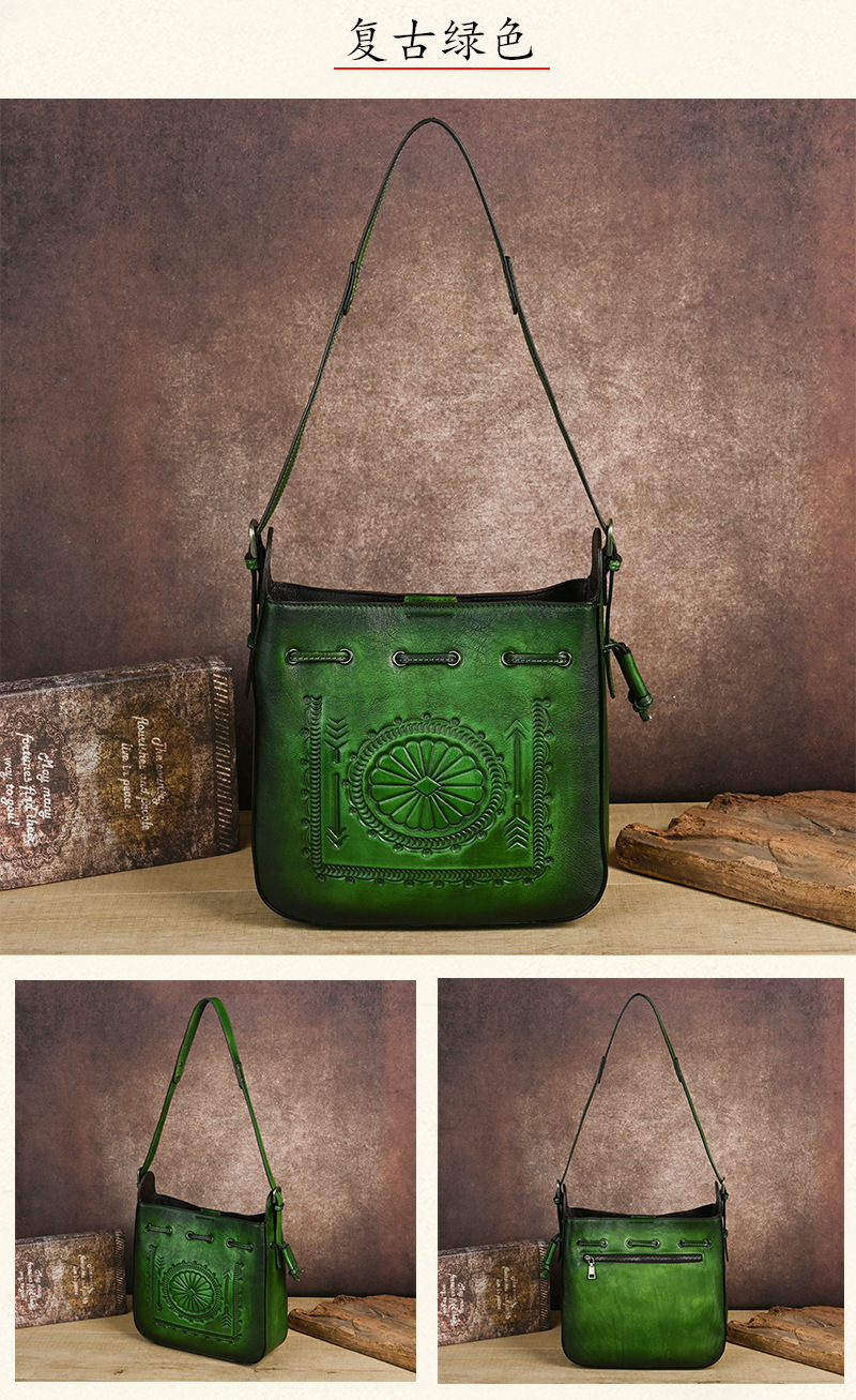Túi tote da bò cổ điển phong cách vintage, đáy rộng, dung tích lớn, quai đeo vai — Màu xanh lá cây chi tiết 17
