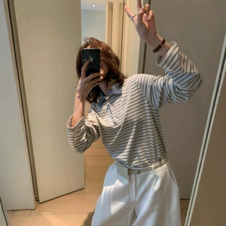 Hers一勺甜早秋韩系复古风条纹百搭宽松显瘦POLO领长袖T恤女66655