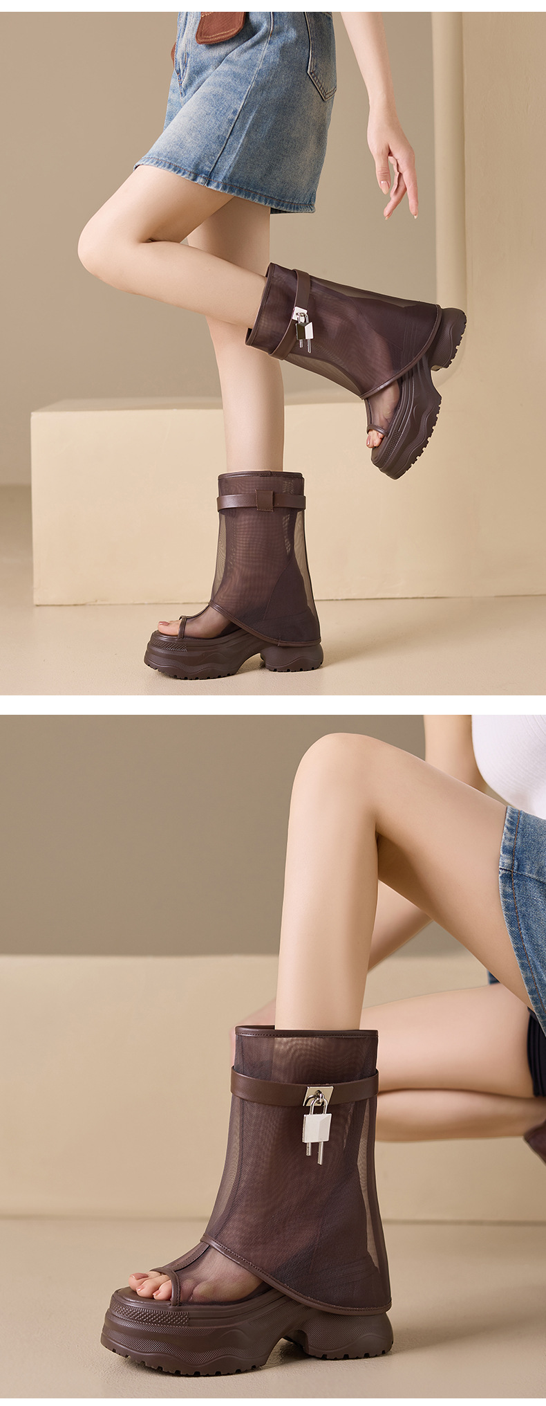 Boot nữ cổ cao đế dày lưới thoáng khí phong cách rider — màu nâu, màu đen, Nâu có hình, màu trắng chi tiết 12