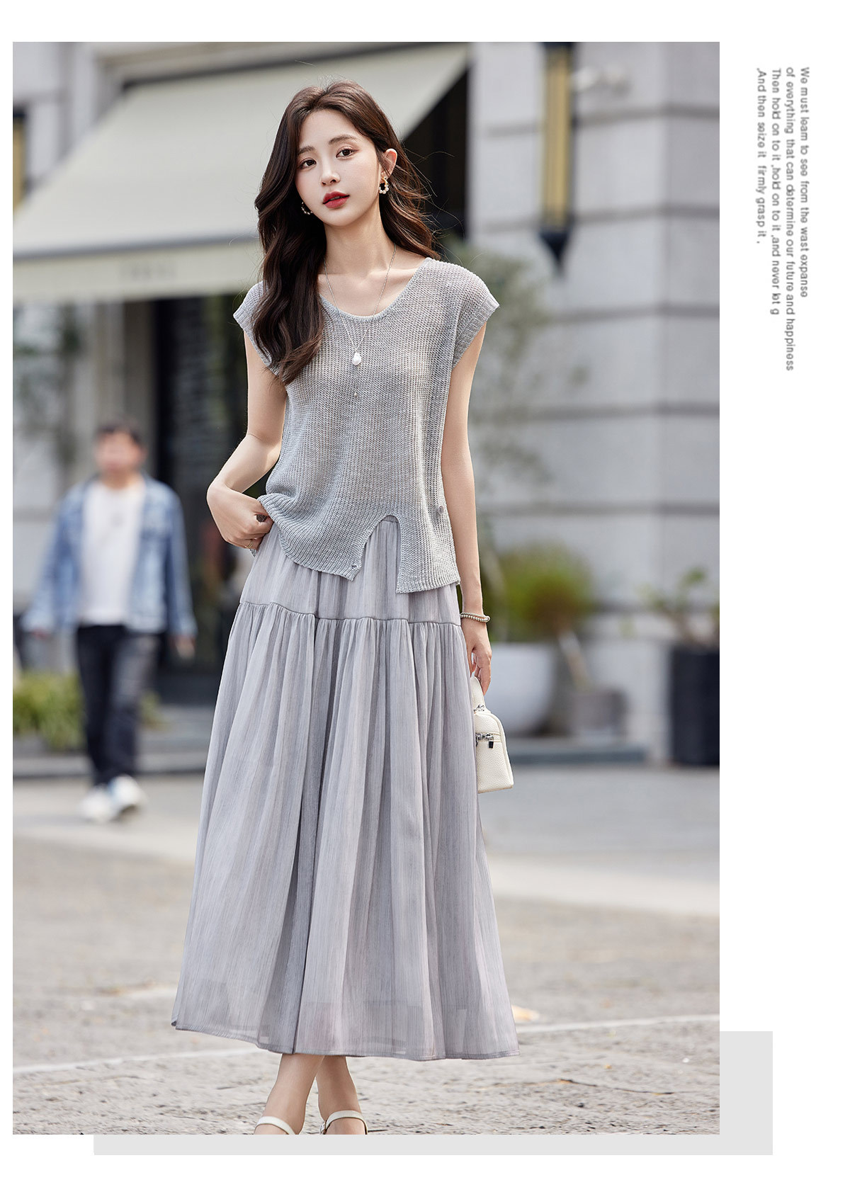 Áo thun cổ tròn tay ngắn phối chân váy midi hai dây đồng bộ nữ — màu tím, màu xám chi tiết 22