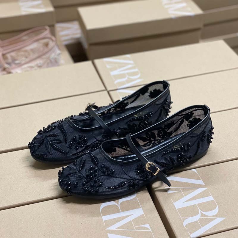 女性用刺繍パールメッシュバレエシューズ、中空メッシュブラックラウンドトゥフラットソールワンラインバックルメリージェーンシューズ|undefined