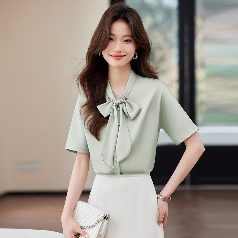 여름 여성용 반팔 핑크 쉬폰 셔츠 프렌치 보우 탑 기질 작은 퍼프 슬리브 전문 셔츠