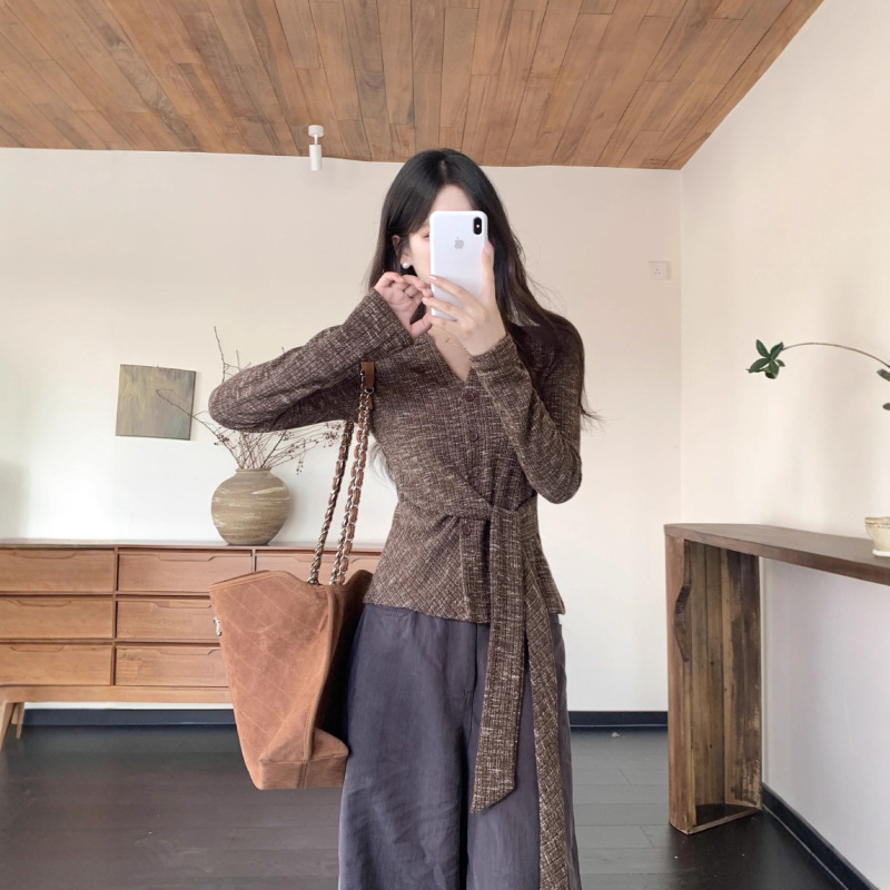 V领长袖T恤女2025早秋新款大码胖mm收腰绑带打底衫上衣|undefined