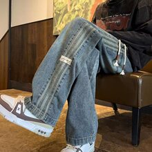 牛仔裤男2025春春季新款美式复古水洗做旧贴标宽松直筒阔腿长裤潮