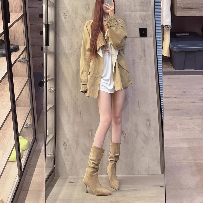 美拉德靴子女细高跟2025新款卡其色尖头褶皱显瘦中筒堆堆靴|undefined