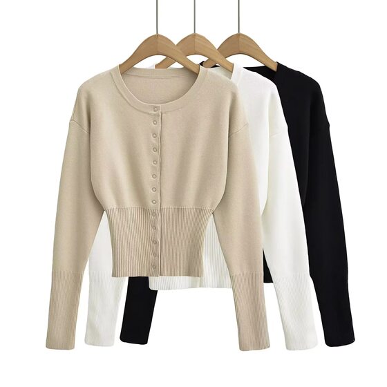 European and American Retro Round Neck Single-breasted Slim-fit Slimming Long-sleeved Knitted Cardigan Fashionable All-match Solid Color Waist Sweater