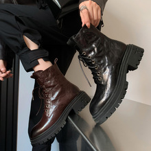 质感炸裂手抓纹羊皮厚底6孔马丁靴2023秋冬粗中跟圆头系带短靴女