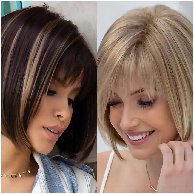 AliExpress cross-border wig European and American wig women's short straight blonde bobo head oblique bangs chemical fiber wig head cover