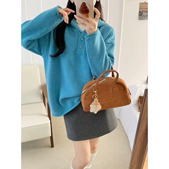秋冬季新款宽松慵懒连帽半开套头毛衣女叠穿羊毛针织衫上衣外套