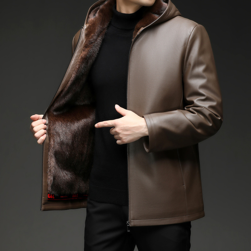 Haining Mink Outwear Men's Genuine Leather Outwear Imported Goatskin Mink Liner Short Hooded Fur All-In-One Outwear