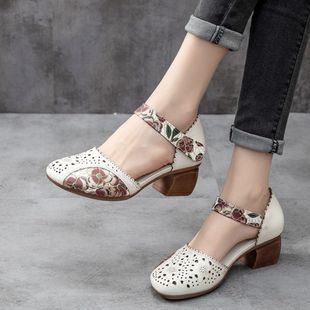 Summer Retro Ethnic Style Genuine Leather Toe-Cap Women's Sandals Women's Thick Heel Non-Slip Soft Sole Women's Dance Shoes Mom's Shoes
