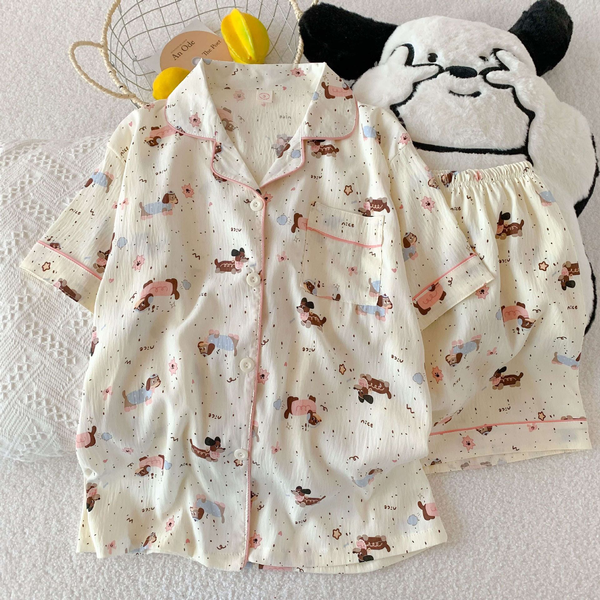 Al por mayor transfronterizo explosión de verano nubes cardigan solapa pijamas de niña dulce mangas cortas pantalones cortos set de ropa para el hogar