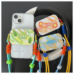 ins彩色塗鴉翻蓋鏡面手機背夾創意補妝鏡斜挎掛繩支架通用防丟夾