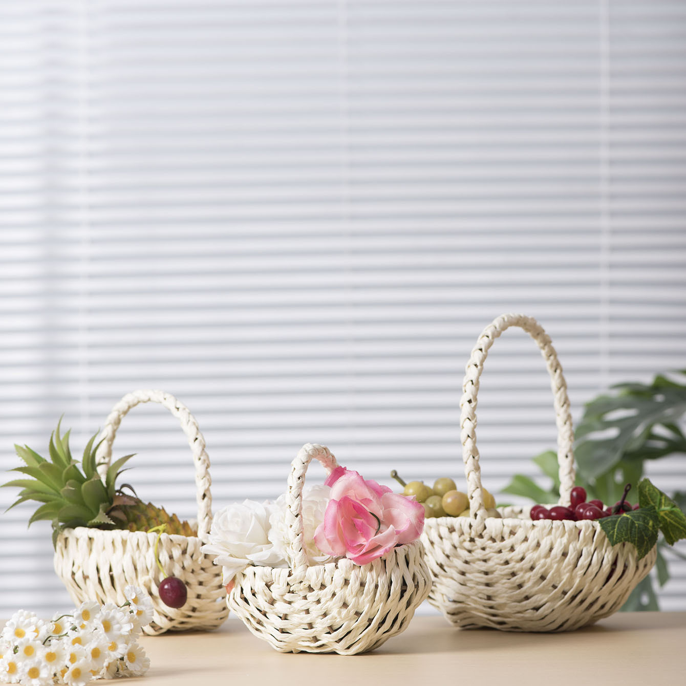 Cesta de flores de tejido de cuerda de papel flor seca flor flor flor floral ramo de simulación decoración para el hogar acompañante de regalo de la luna huevo fruta cesta