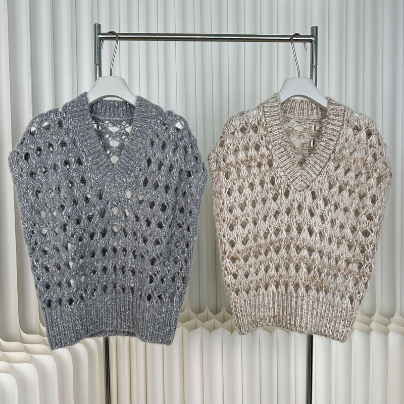 25 Autumn and Winter Accessible Luxury Mohair V Neck Cut Out Sequin Knitted Vest Soft and Fluffy Versatile Bat Sleeve Vest for Women