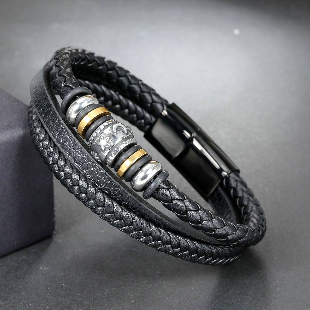 Simple Style Geometric Pu Leather Titanium Steel Braid None 18K Gold Plated Men'S Bracelets display picture 2