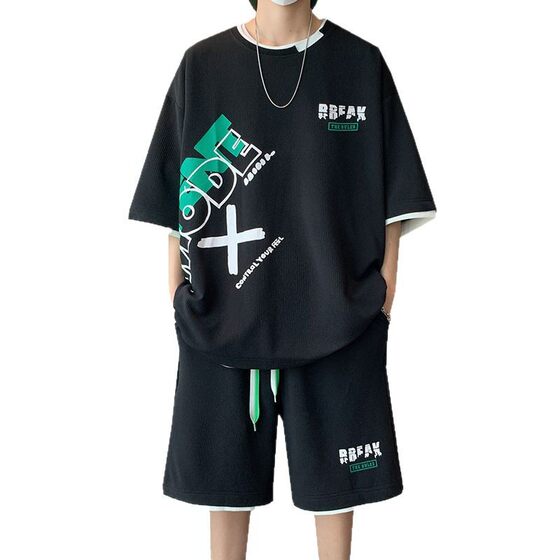 Short-sleeved shorts suit men's summer fashion brand loose fake two-piece ice silk t-shirt men's clothing set matching handsome clothes
