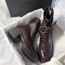 牛皮版~厚底粗跟系带弹力短靴圆头气质真皮后拉链瘦瘦靴子马丁靴