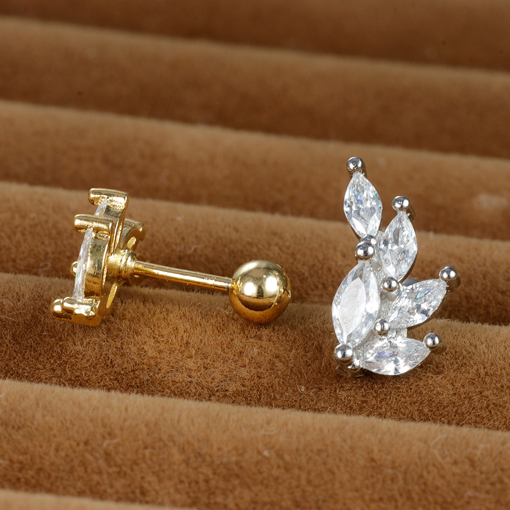 1 Piece Ig Style Shiny Leaves Plating Inlay Stainless Steel Zircon Ear Studs display picture 3