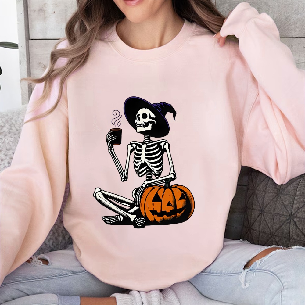 Skeleton Pumpkin Halloween Long Sleeve Top Retro Fall Coffee