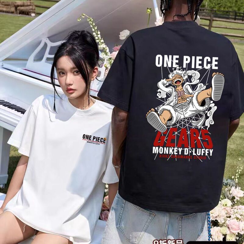 Heavyweight Pure Cotton One-Piece T-Shirt Japanese Fashion Brand Anime Luffy Short-Sleeved Men's and Women's Tops Clothing