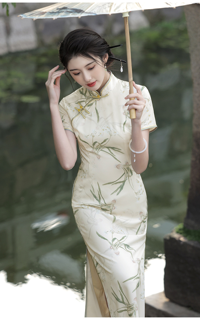 New Chinese-style Elegant Improved Cheongsam Dress For Women, Summer New Design With Buttons, Slit, And Printed Pattern_ecoleips.com