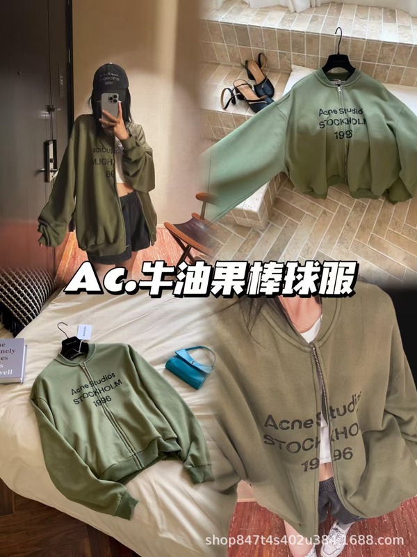 Ac高品质1996胸前印花牛油果绿水洗做旧褪色棒球领夹克宽松外套女|undefined